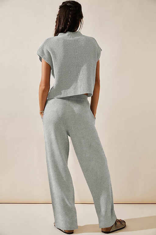 Effortless Elegance Knit V Neck Sweater and Wide-Leg Pants Set