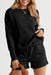 Sophisticated Black Textured Lounge Set with Long Sleeve Top and Adjustable Shorts