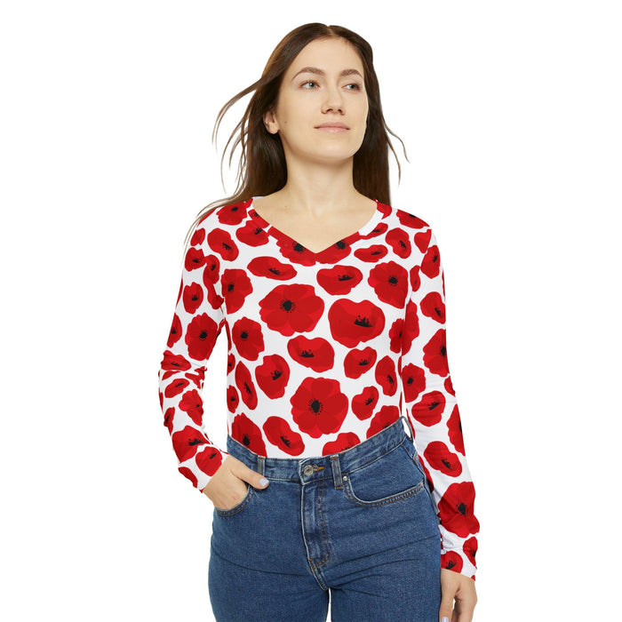 Elegant Crimson Blooms Très Chic Women's Long Sleeve V-neck Tee - Classy, Adaptable, and Cozy