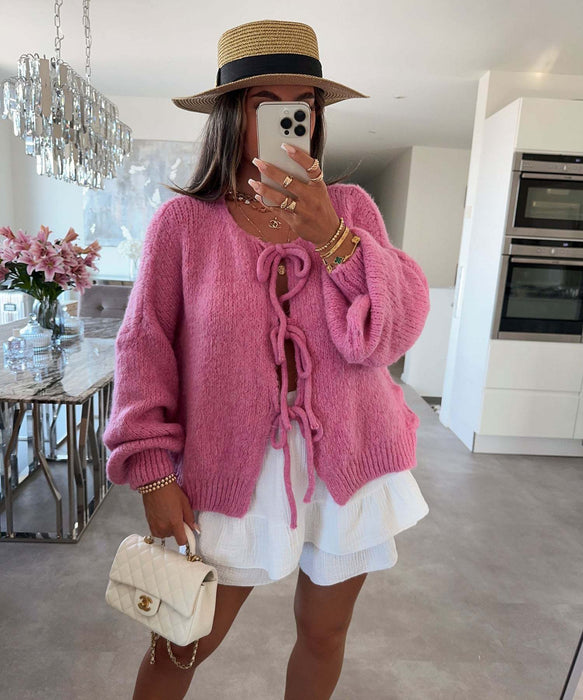 2024 Casual Knitted Bow Lace Up Cardigan Women Solid O-neck Short Sleeve Hollow Out Sweater Female Autumn Lady Solid Streetwear