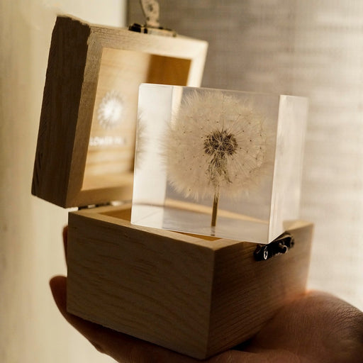 Dandelion Resin Cube with Wooden Base & USB Charger