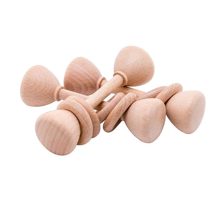 Natural Beech Wood Baby Rattle and Hand Bells - Montessori Educational Toys for Newborns