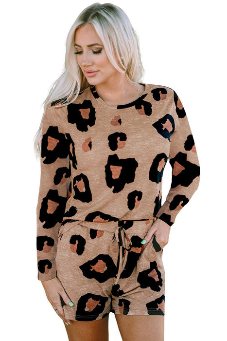 Chic Leopard Print Lounge Set: Long Sleeve Pullover and Shorts Combo