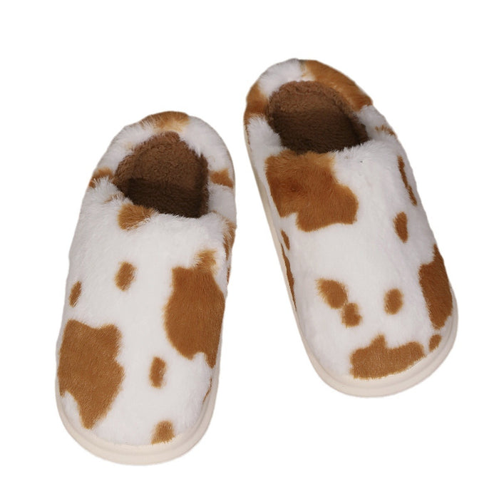 Adorable Cow Print Plush Slippers for Couples - Cozy Non-Slip Fuzzy House Shoes for Winter