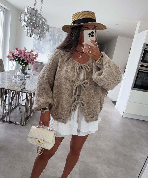 2024 Casual Knitted Bow Lace Up Cardigan Women Solid O-neck Short Sleeve Hollow Out Sweater Female Autumn Lady Solid Streetwear