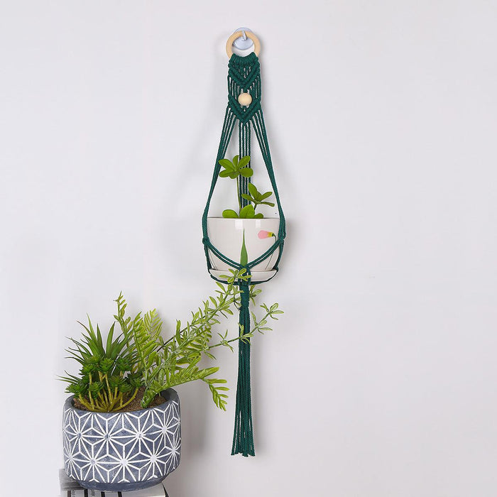 Boho-Chic Green Macrame Wall Plant Hanger with Iron Ring - Elevate Your Home Decor