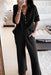 Elegant Black Ribbed Lounge Set with Henley Collar - Perfect Blend of Style and Comfort