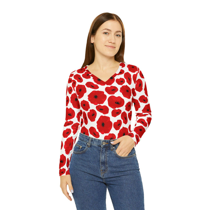 Elegant Crimson Blooms Très Chic Women's Long Sleeve V-neck Tee - Classy, Adaptable, and Cozy