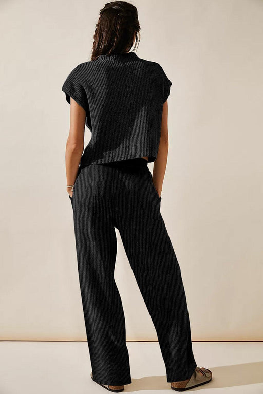 Effortless Elegance: Cozy Black Knit V Neck Sweater and Wide Leg Pants Set