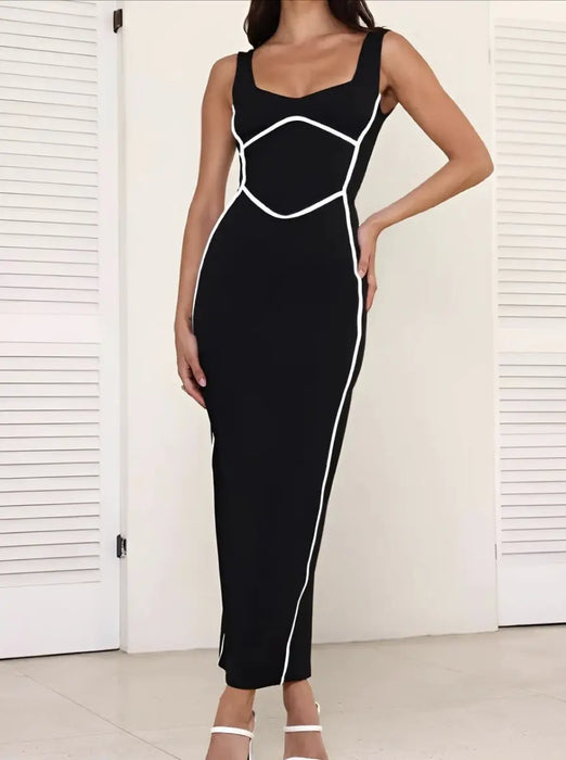 Turn Line Trim Bodycon Stretch Maxi Dress