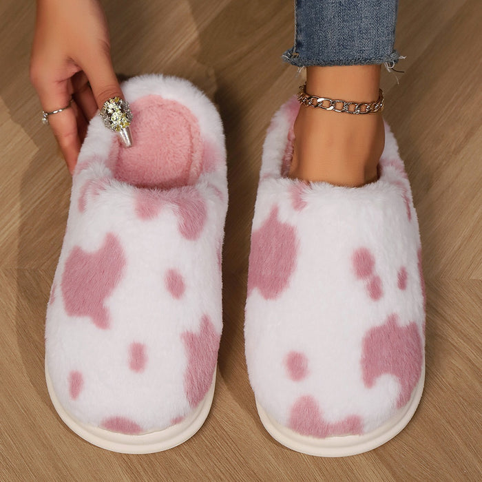 Adorable Cow Print Plush Slippers for Couples - Cozy Non-Slip Fuzzy House Shoes for Winter