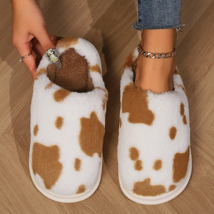 Adorable Cow Print Plush Slippers for Couples - Cozy Non-Slip Fuzzy House Shoes for Winter