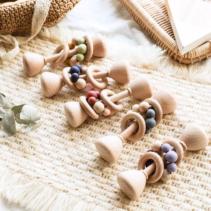 Natural Beech Wood Baby Rattle and Hand Bells - Montessori Educational Toys for Newborns