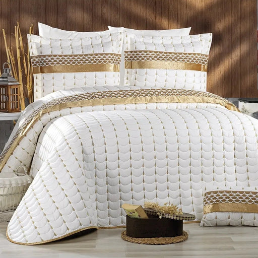 4 pcs Cream Gold Dowry Micro Cotton Bed Cover Set - Luxurious Elegance for Your Bedroom
