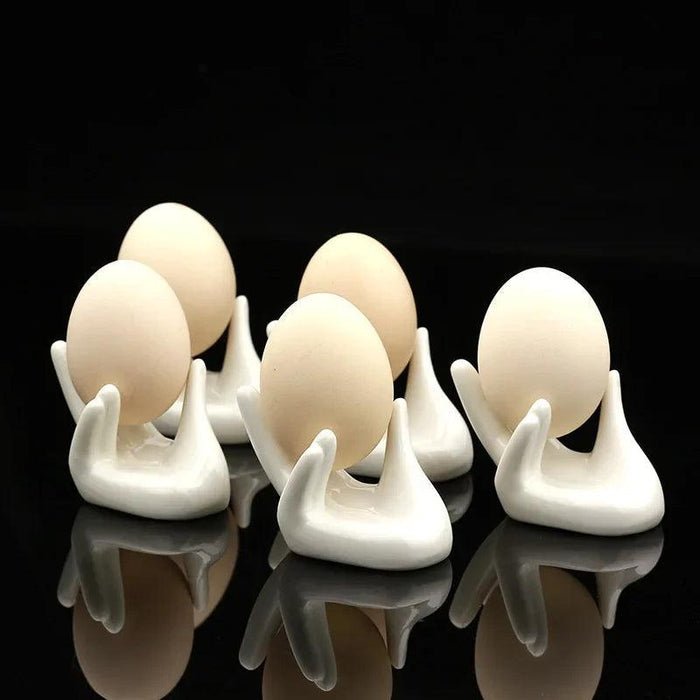 Set of 6 Stylish Handcrafted Ceramic Egg Holders with Business Card Stand - White Porcelain Design