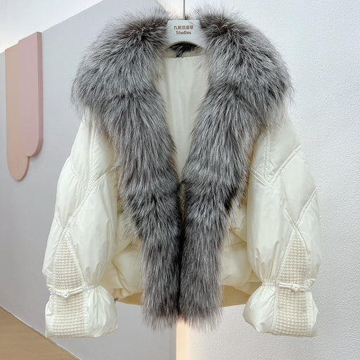 Elegant Silver Fox Fur Collared White Duck Down Puffer Jacket for Women