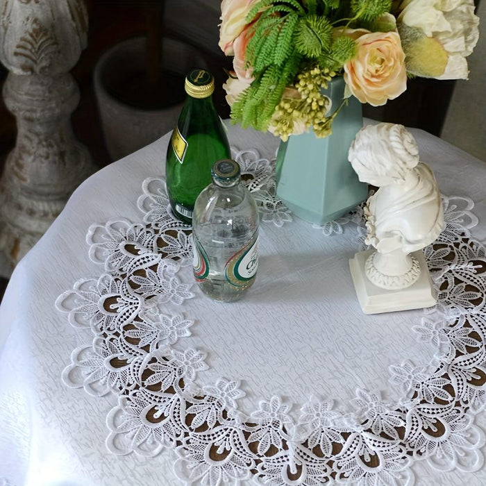 Sophisticated White Floral Lace Round Table Cover - 32-Inch Polyester Cloth for Elegant Dining Events, Easy Care