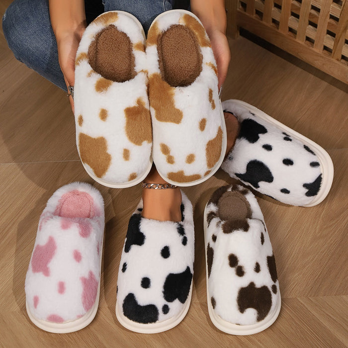 Adorable Cow Print Plush Slippers for Couples - Cozy Non-Slip Fuzzy House Shoes for Winter