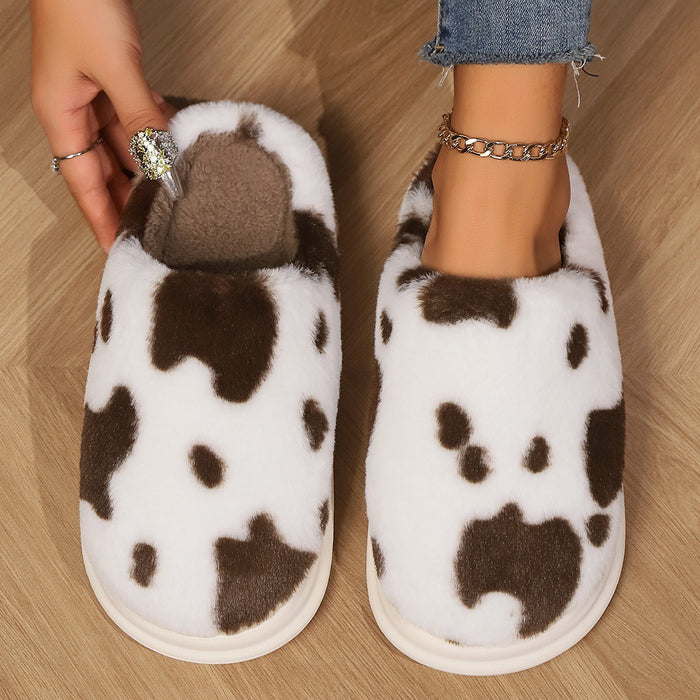 Adorable Cow Print Plush Slippers for Couples - Cozy Non-Slip Fuzzy House Shoes for Winter