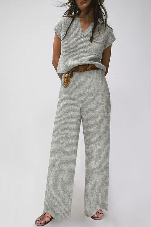 Effortless Elegance Knit V Neck Sweater and Wide-Leg Pants Set