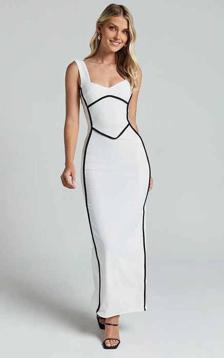 Turn Line Trim Bodycon Stretch Maxi Dress