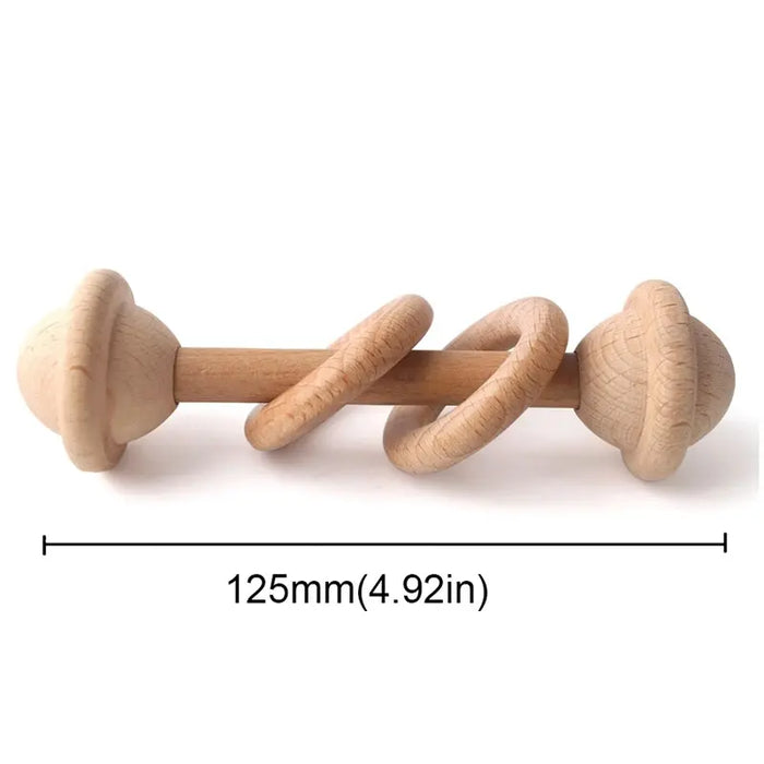 Natural Beech Wood Baby Rattle and Hand Bells - Montessori Educational Toys for Newborns