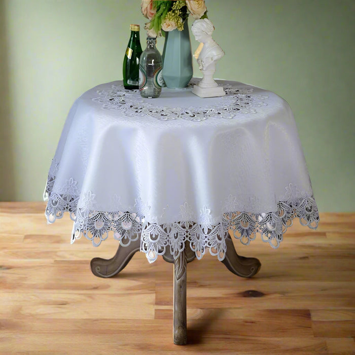 Sophisticated White Floral Lace Round Table Cover - 32-Inch Polyester Cloth for Elegant Dining Events, Easy Care