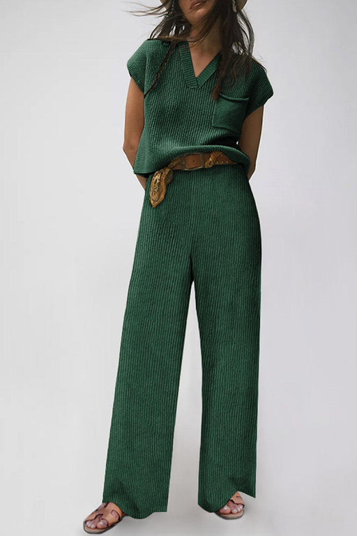 Stylish Forest Green Knit V Neck Sweater and Relaxed Pant Set - Cozy Fashion Essential for Young Women