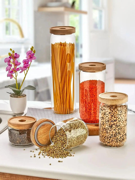 Elegant 5-Piece Glass Jar Set with Acacia Wood Lids for Kitchen Storage and Organization