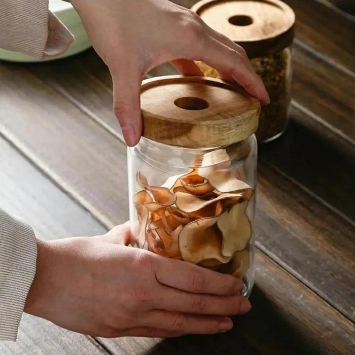 Elegant 5-Piece Glass Jar Set with Acacia Wood Lids for Kitchen Storage and Organization