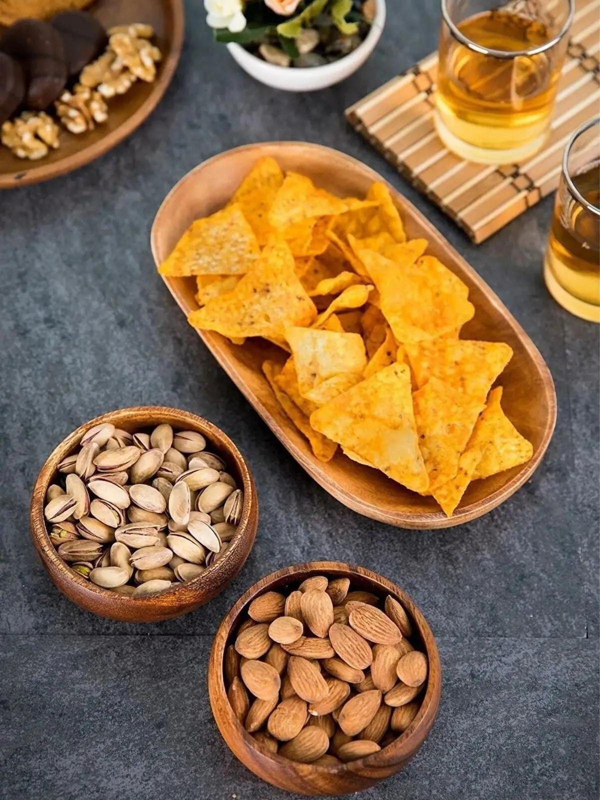 Elegant Handcrafted Acacia Wood Snack and Dip Bowl Set – 3-Piece Dining Collection