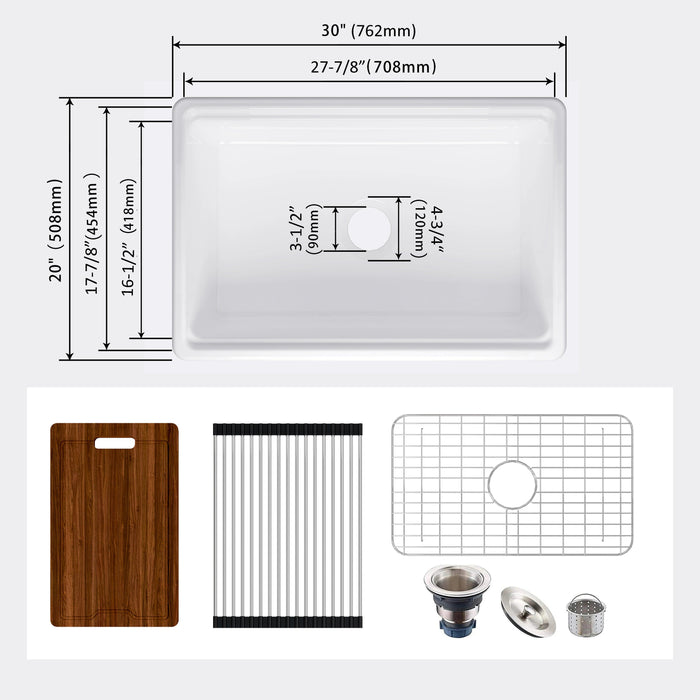 Chic Farmhouse Kitchen Sink Ensemble with Essential Accessories - Includes Cutting Board, Grid & Strainer