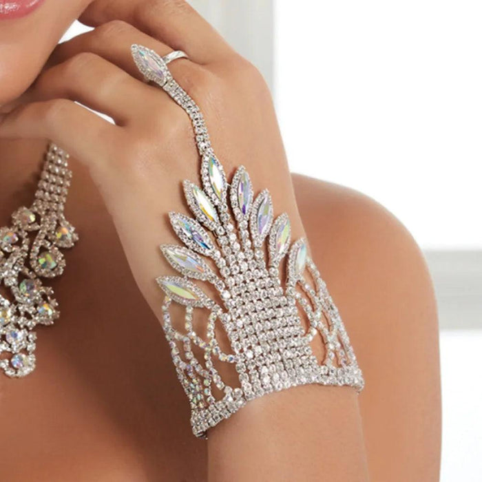 Elegant Crystal Charm Wrap Bracelet and Finger Chain - Bridal Radiance