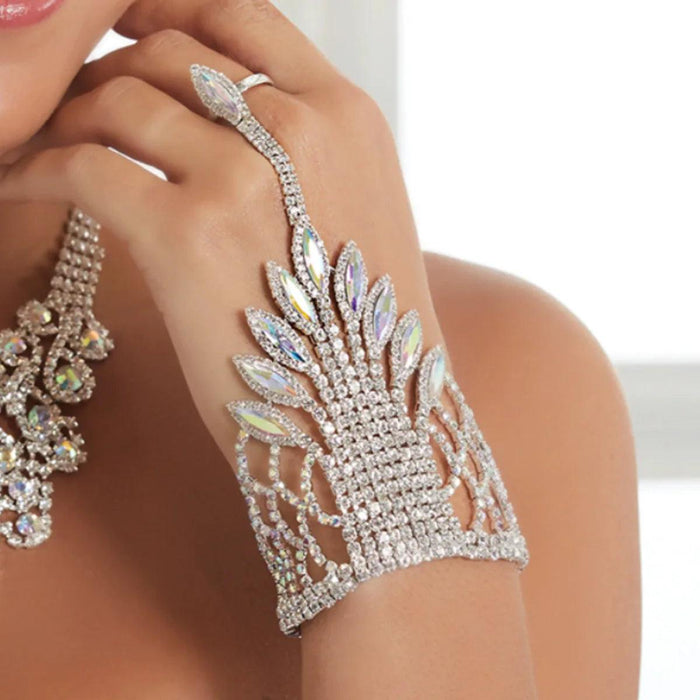 Elegant Crystal Charm Wrap Bracelet and Finger Chain - Bridal Radiance