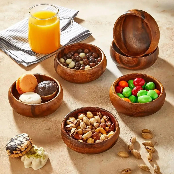 Elegant Handcrafted Acacia Wood Snack Bowl Set - 6 Unique Bowls for Serving Nuts, Fruits, and Desserts - Perfect Kitchen Addition