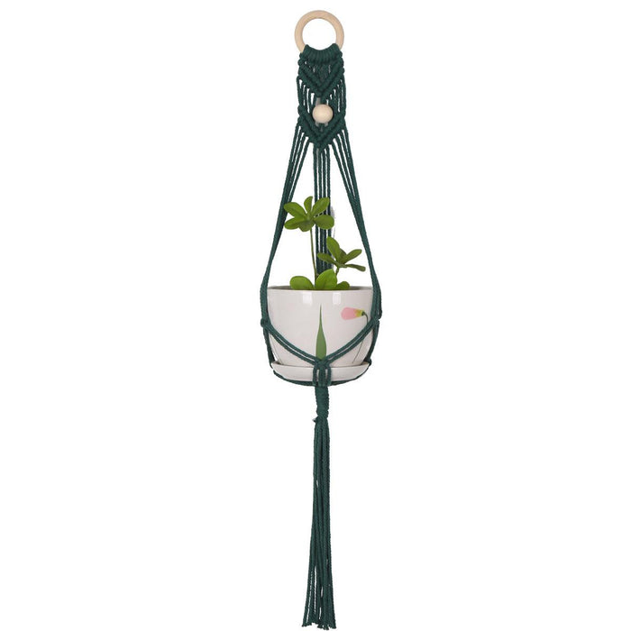 Boho-Chic Green Macrame Wall Plant Hanger with Iron Ring - Elevate Your Home Decor