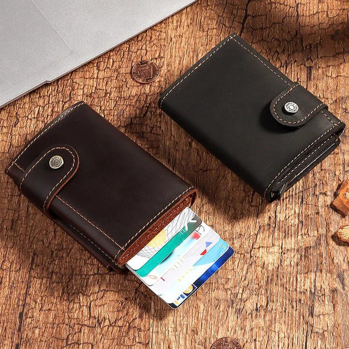 RFID Blocking Crazy Horse Leather Men's Card Wallet with Push-Button Ejection and Money Clip