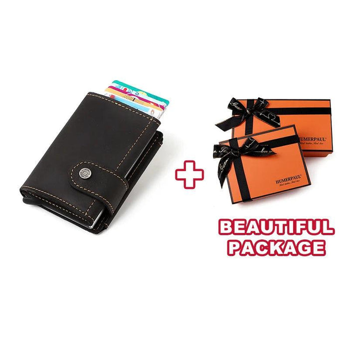 RFID Blocking Crazy Horse Leather Men's Card Wallet with Push-Button Ejection and Money Clip