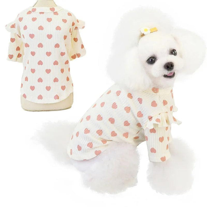 Adorable Heart-Printed Small Dog Hoodie - Soft Cotton in Pink, Beige, and Gray