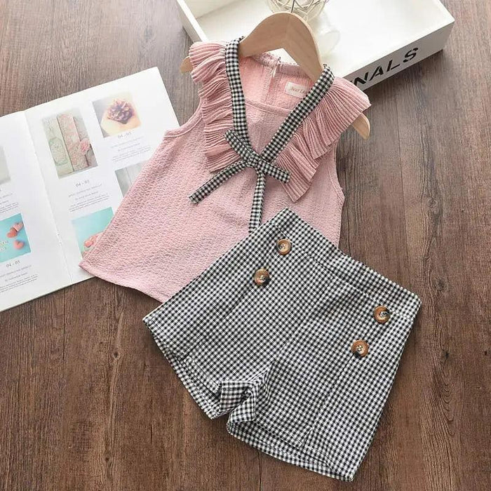 Toddler Girls' Stylish Summer Chiffon Top and Plaid Shorts Ensemble 2-6 Years
