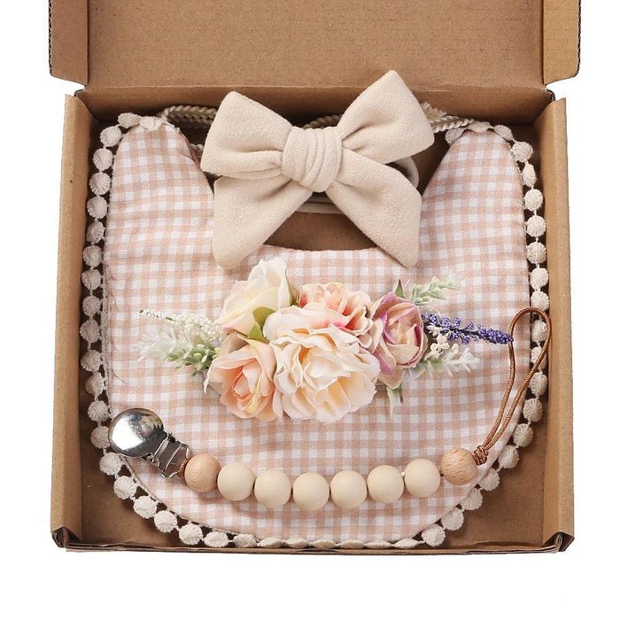 Chic Floral Baby Care Set: Bib, Headband, and Silicone Pacifier Clip in Festive Gift Box