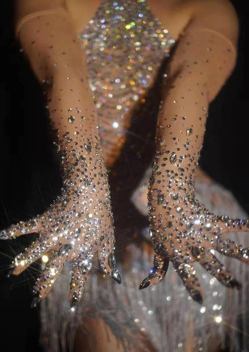 Glamorous Rhinestone-Embellished Mesh Gloves for Women - Perfect for Nightlife and Performances