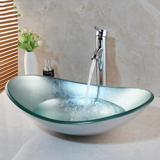 Sleek Chrome Faucet and Oval Glass Sink Ensemble with Pop-Up Drain Assembly