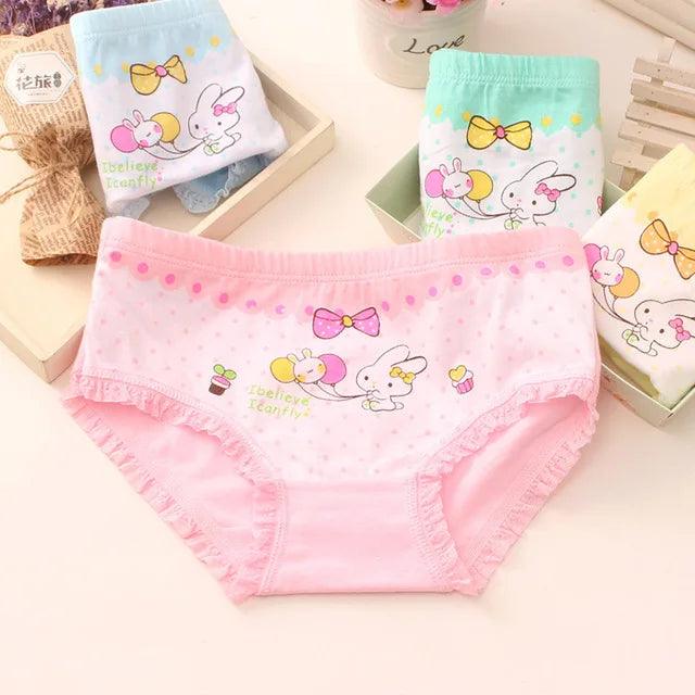 4 pcs Girls' Cotton Briefs Collection - Soft, Breathable & Playful Patterns for Kids