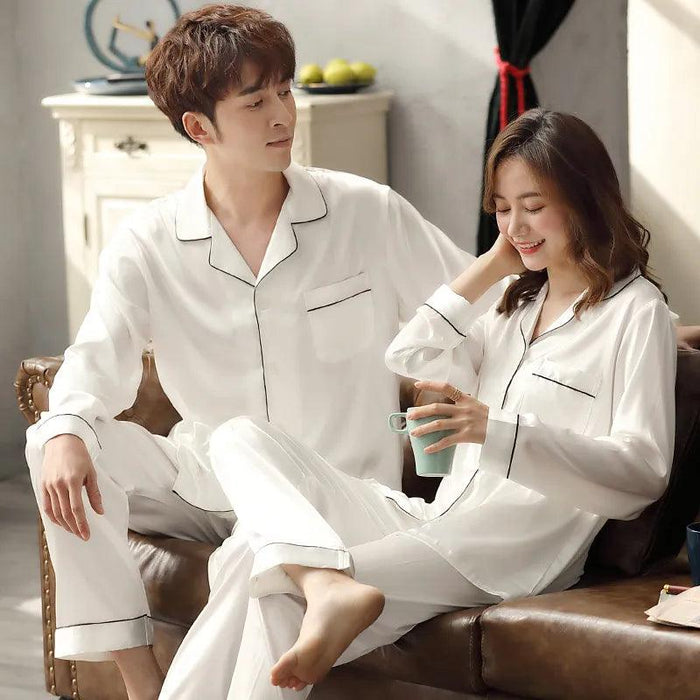 Chic White Ice Silk Unisex Pajama Set for Couples - Luxury Nightwear Collection