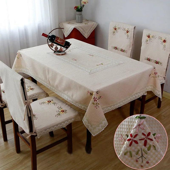 Charming Floral Embroidered Round Cotton Linen Table Cover