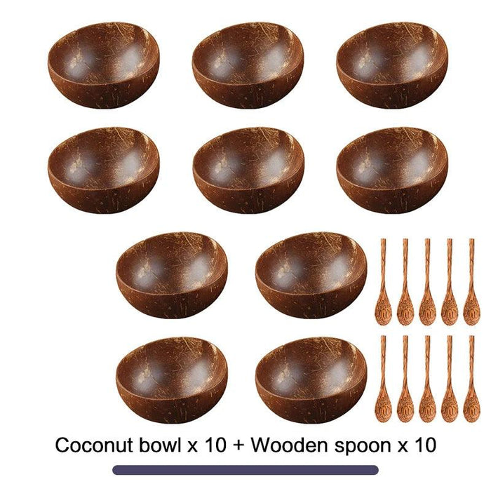 Handcrafted Coconut Bowl Collection with Wooden Spoon - Sustainable Natural Tableware for Salads, Desserts, and More (12-15cm)