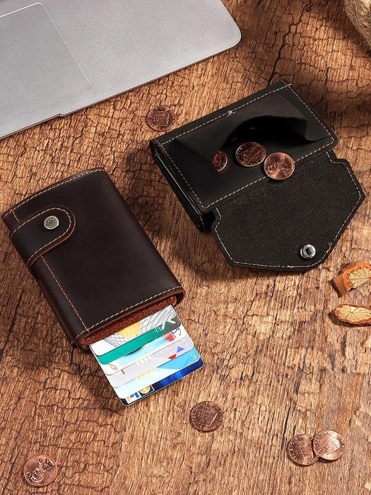 RFID Blocking Crazy Horse Leather Men's Card Wallet with Push-Button Ejection and Money Clip