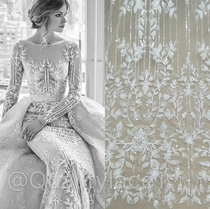 Luxurious Ivory Beaded Lace and Tulle Fabric for Bridal Attire - 130cm Width