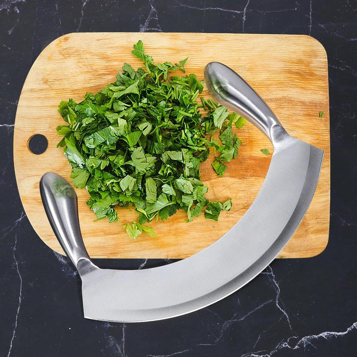 8.5-Inch Multi-Functional Stainless Steel Mezzaluna Knife for Effortless Chopping of Herbs, Vegetables, and More